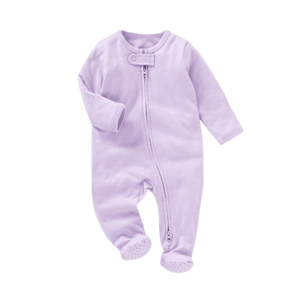 Light purple baby zip up footie sleeper with non-slip bottoms