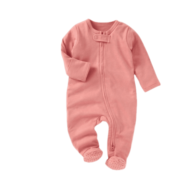 Coral pink baby zip up footie sleeper with non-slip bottoms