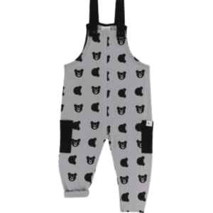 Toddlers grey organic cotton overalls with cute black bear cub faces design