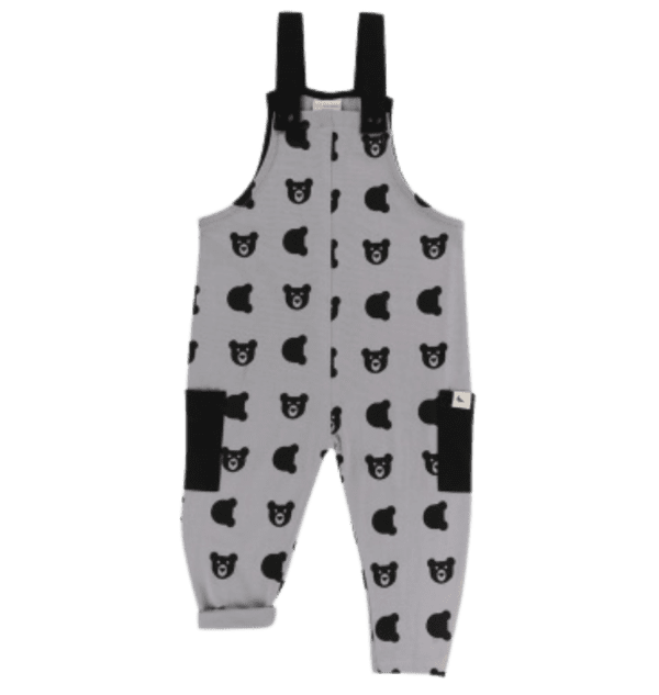 Toddlers grey organic cotton overalls with cute black bear cub faces design
