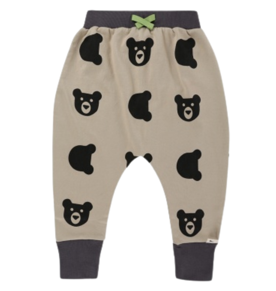 Beige and black Little kids sweatpants with bear cub design all over