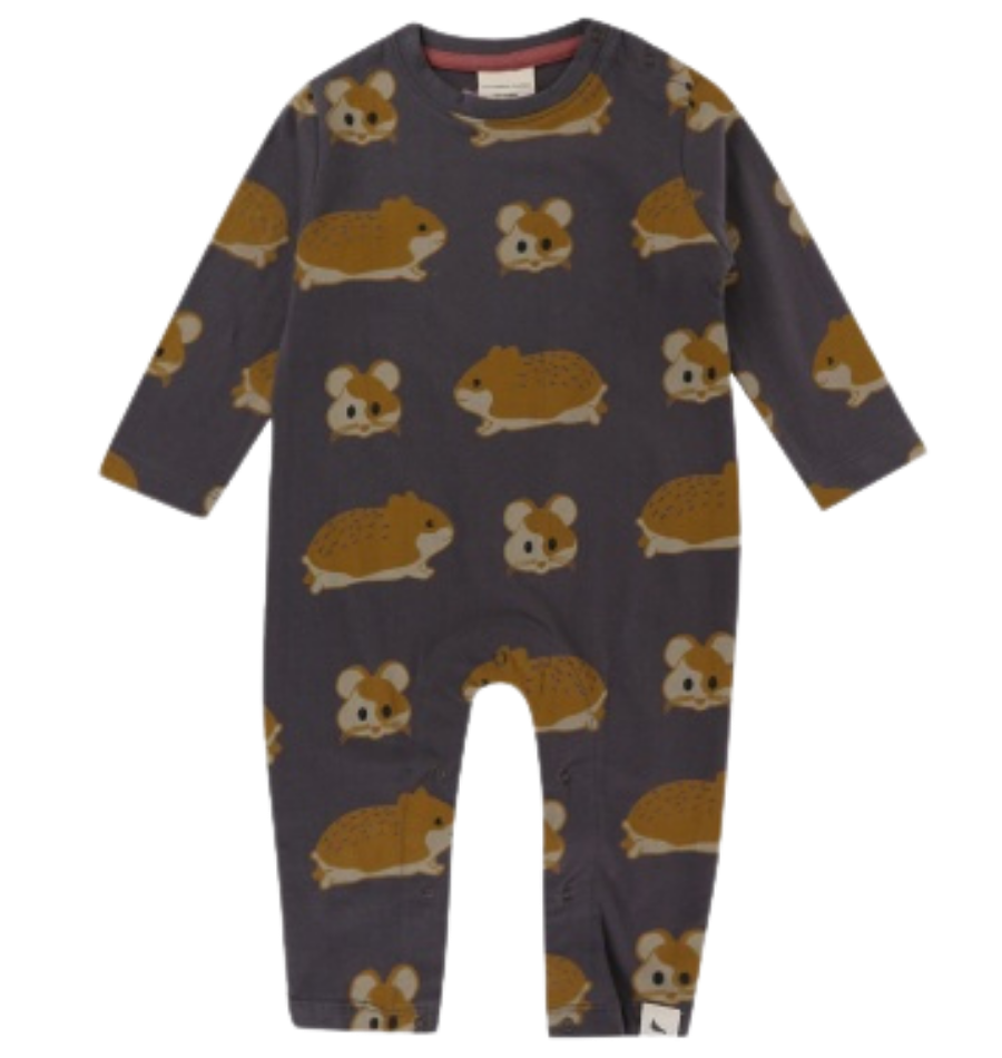 Baby grey organic cotton playsuit romper with cute hamster design