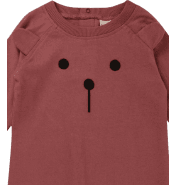 Pink baby organic cotton playsuit romper with cute embroidered bear face