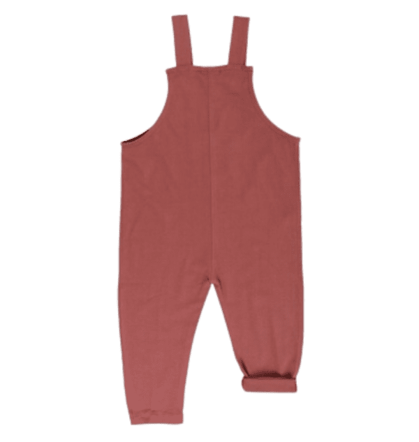 Toddlers pink organic cotton overalls with cute black pocket on front