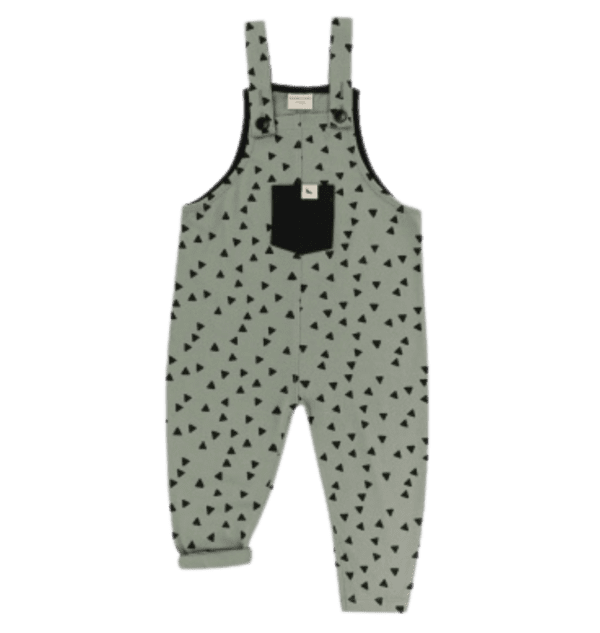 Toddlers sage green organic cotton overalls with cute black triangle design