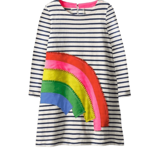 Kids long sleeve dress with black and ivory stripes and sown rainbow detail.