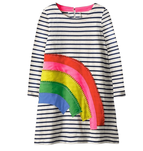 Kids long sleeve dress with black and ivory stripes and sown rainbow detail.